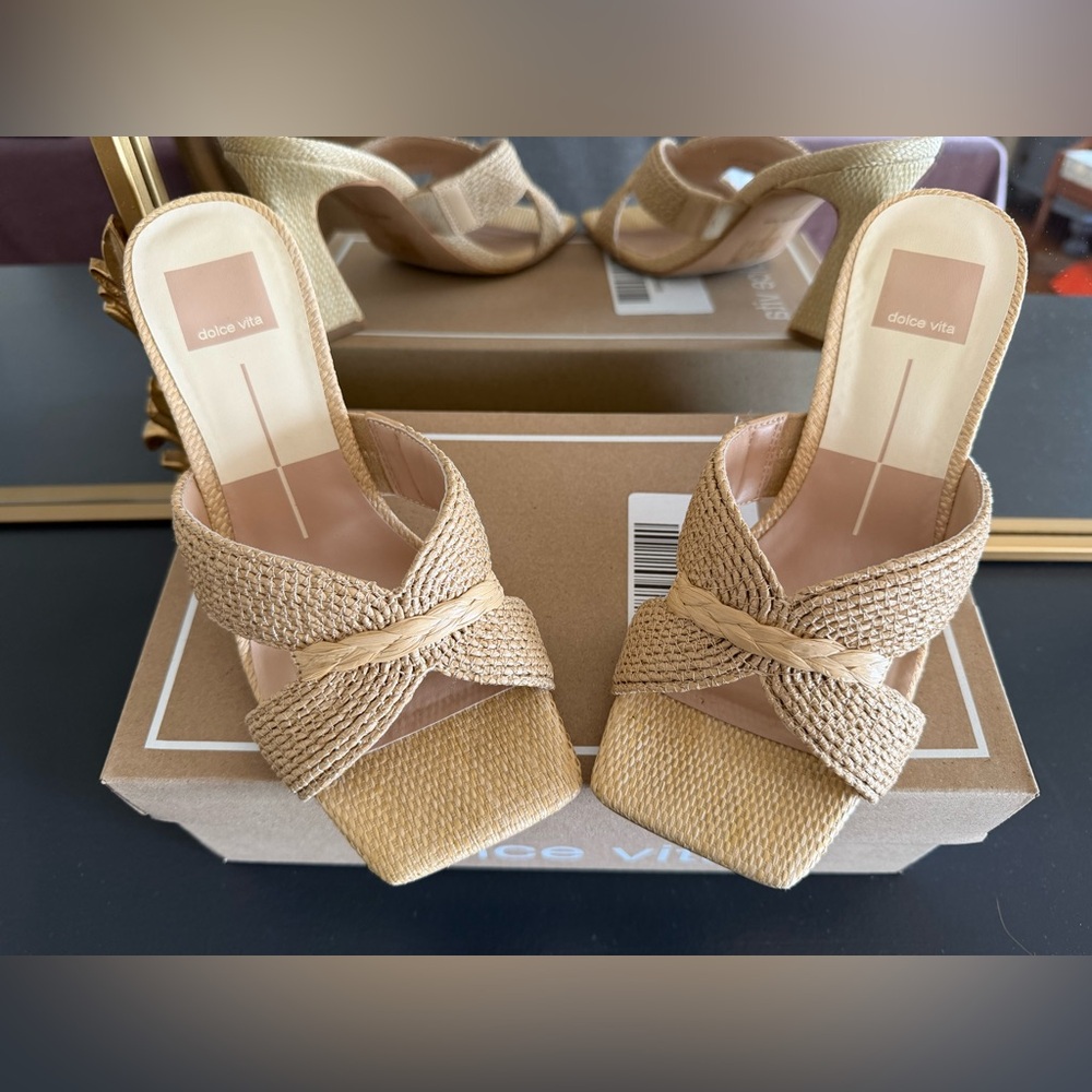 Dolce Vita Raffia Twisted Strap Heels in Tan